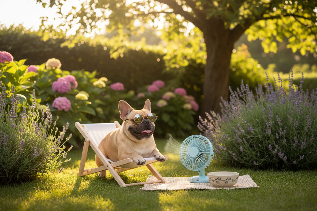 French Bulldog keeping cool during hot weather