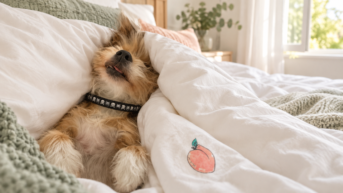 Arnie sleeping peacefully in white bedding beside an open window in a dog-conscious home