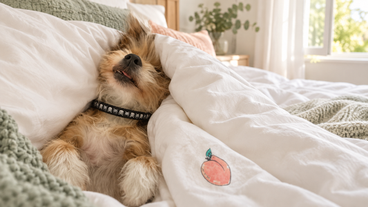 Arnie sleeping peacefully in white bedding beside an open window in a dog-conscious home