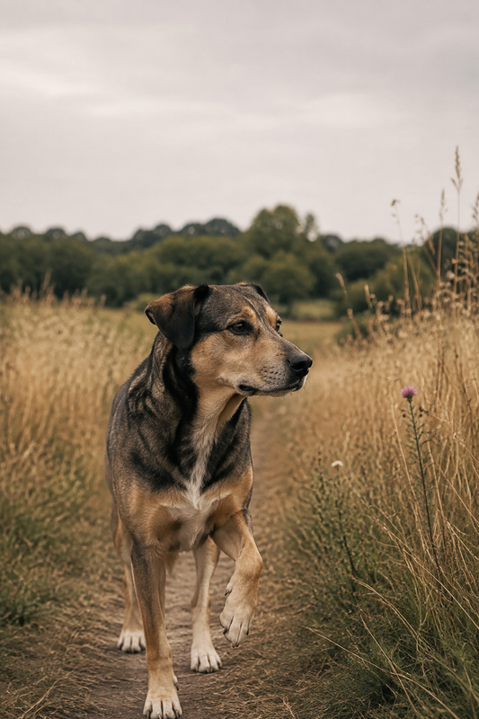 Mixed-breed dog lifting one front paw on a dry late-summer field path bordered by long grass.