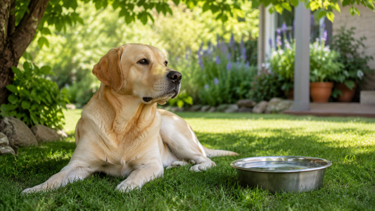 Dog-conscious living UK summer pet safety in a shaded garden with water.