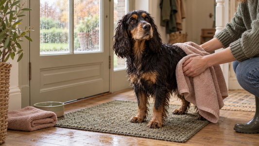 Black-and-tan spaniel standing on a washable mat while a person towel-dries its wet coat after a muddy autumn walk.