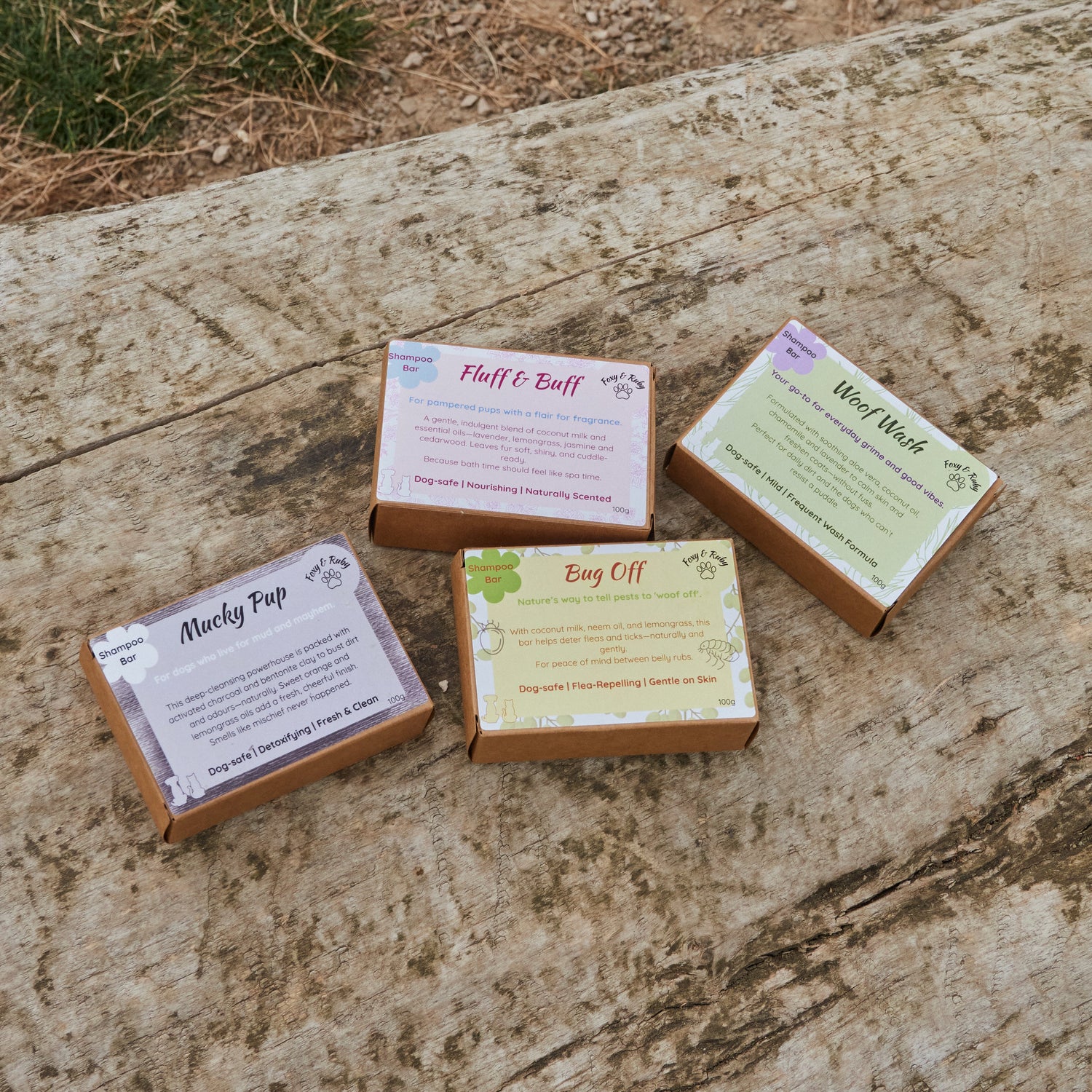 A collection of natural essential oil shampoo bars for washing dogs
