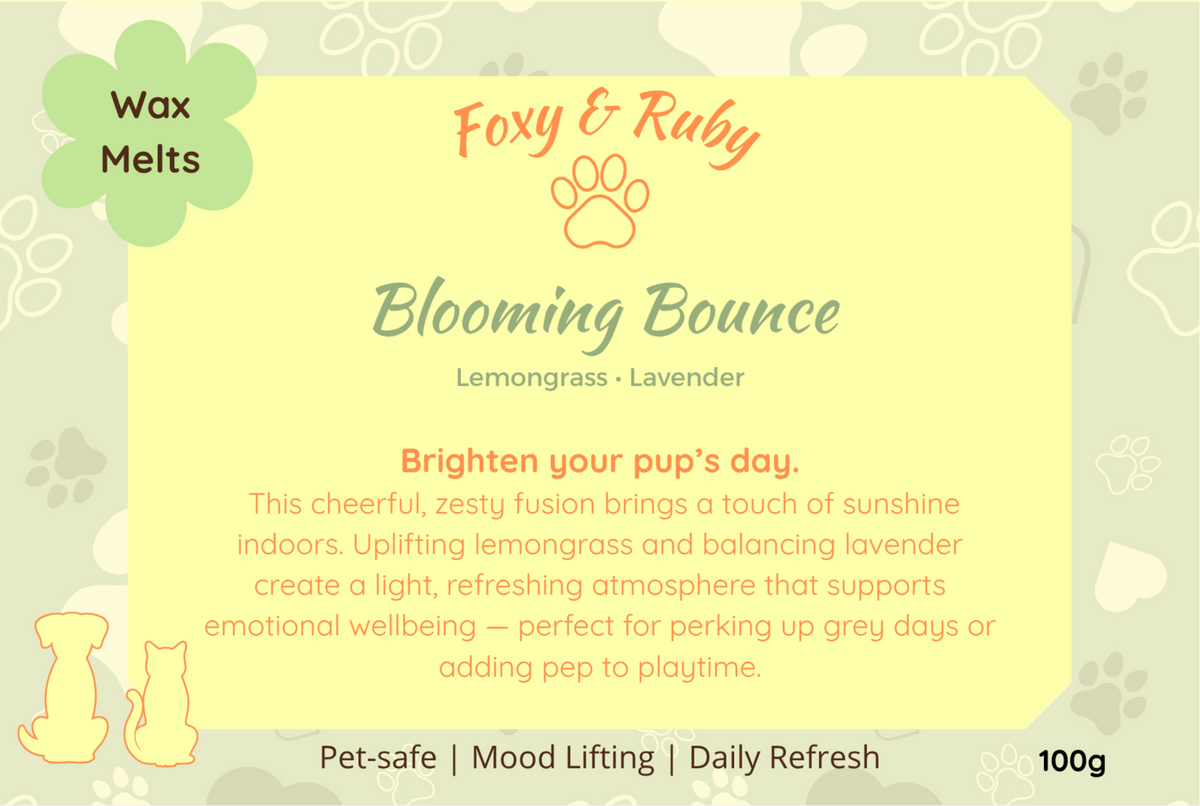 Foxy & Ruby Blooming Bounce wax melt product label with lemongrass and lavender