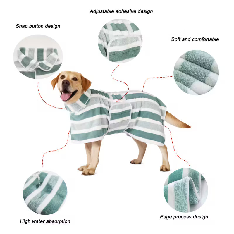 Green dog drying coat dressing gown made from super-absorbent towelling fabric with Velcro tummy fastening.”
