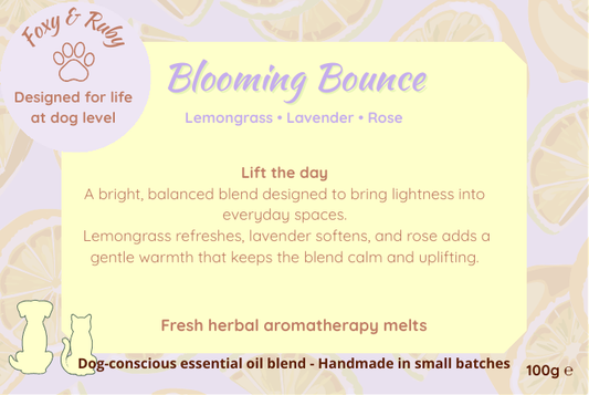 Foxy & Ruby Blooming Bounce wax melts label with lemongrass, lavender and rose