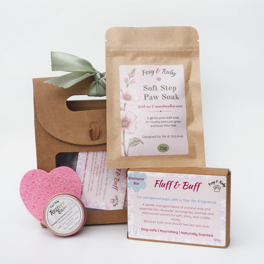 Foxy & Ruby Dog Spa Set with Fluff & Buff shampoo bar, Soft Step Paw Soak, Mini Restore Balm and heart-shaped sponge
