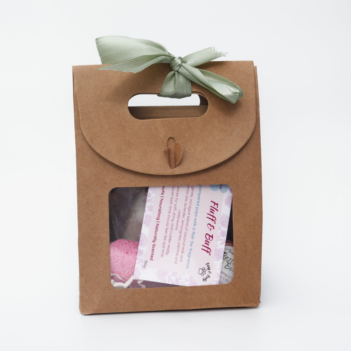 Foxy & Ruby Dog Spa Set presented in a kraft gift bag with sage green ribbon