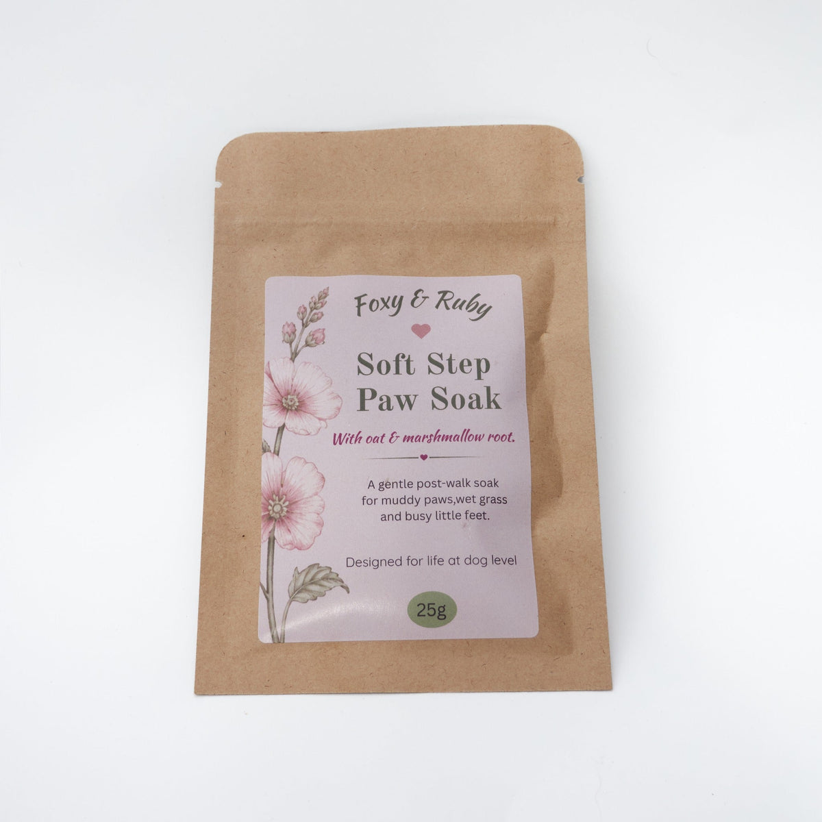 Foxy & Ruby Soft Step Paw Soak 25g sachet, a dog-friendly post-walk paw soak with oat and marshmallow root