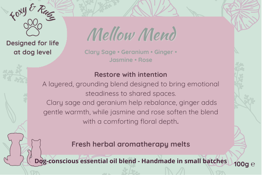 Foxy & Ruby Mellow Mend wax melts label with clary sage, geranium, ginger, jasmine and rose