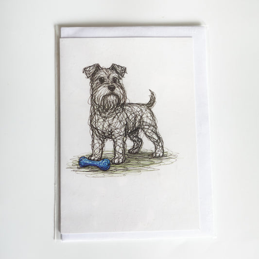 Illustrated Schnauzer greetings card with a blue bone and envelope