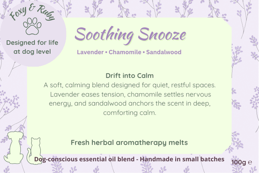 Foxy & Ruby Soothing Snooze wax melts label with lavender, chamomile and sandalwood