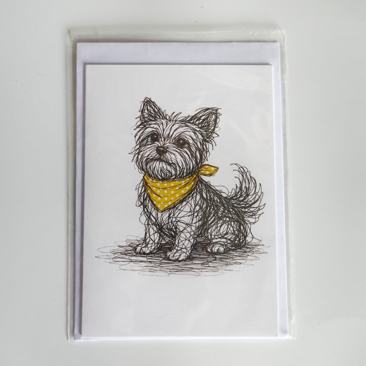 Illustrated Yorkshire Terrier greetings card with yellow bandana and envelope