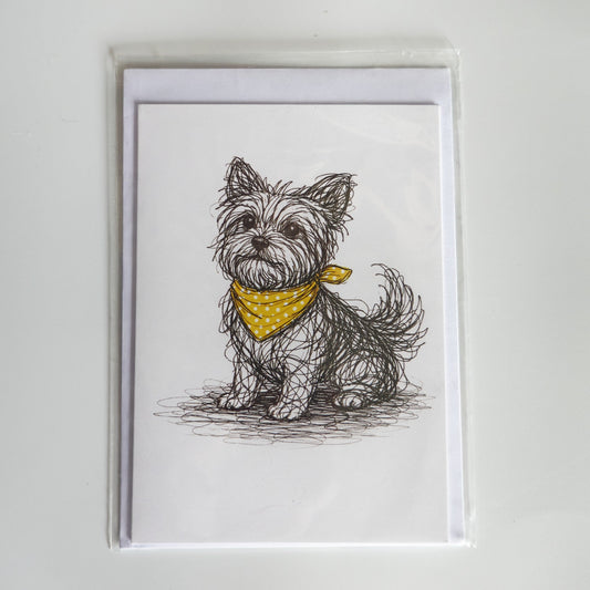 Illustrated Yorkshire Terrier greetings card with yellow bandana and envelope